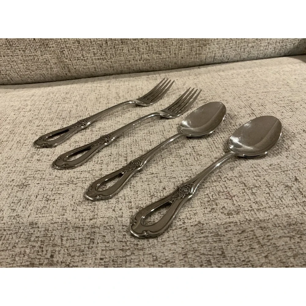 Oneida Isabella Stainless Flatware 4pc Set 2 Forks 2 Spoons Pierced Rose Design
